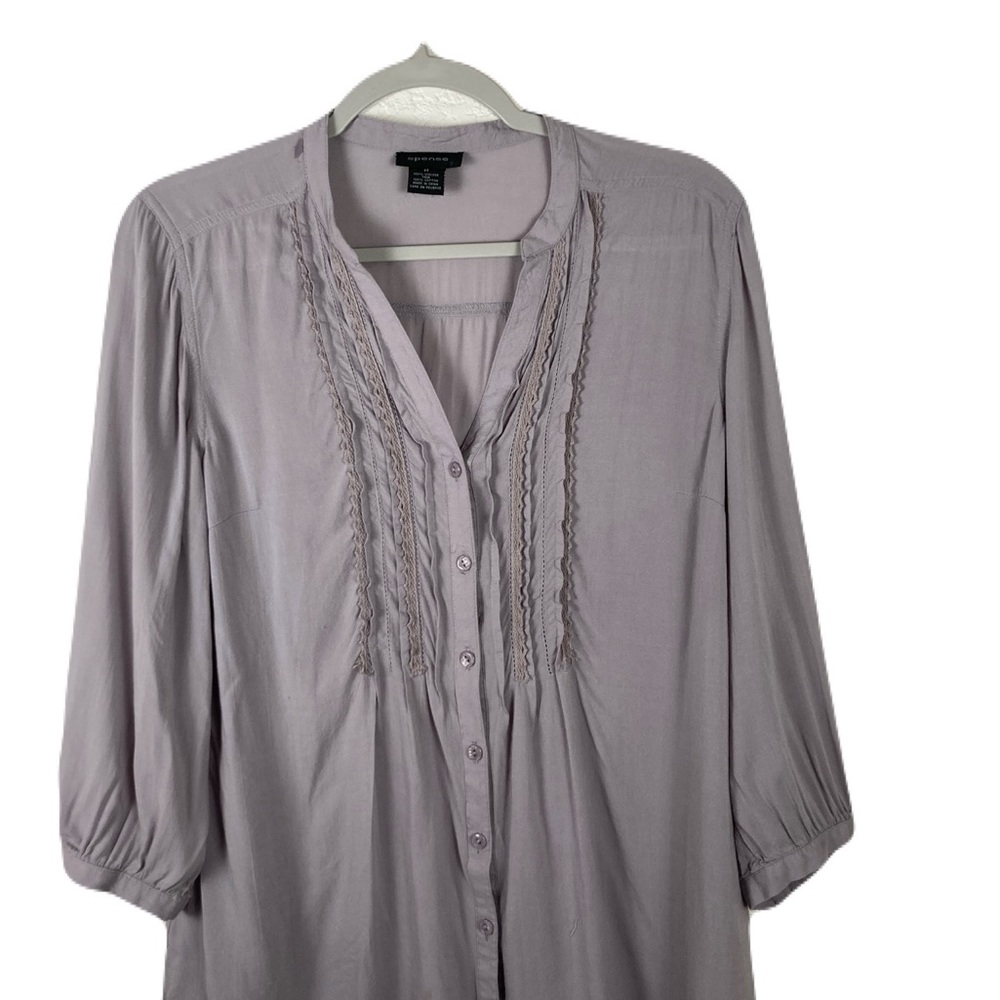 Spence Women SZ M dive gray viscose blouse with lace and tuck details to flatter